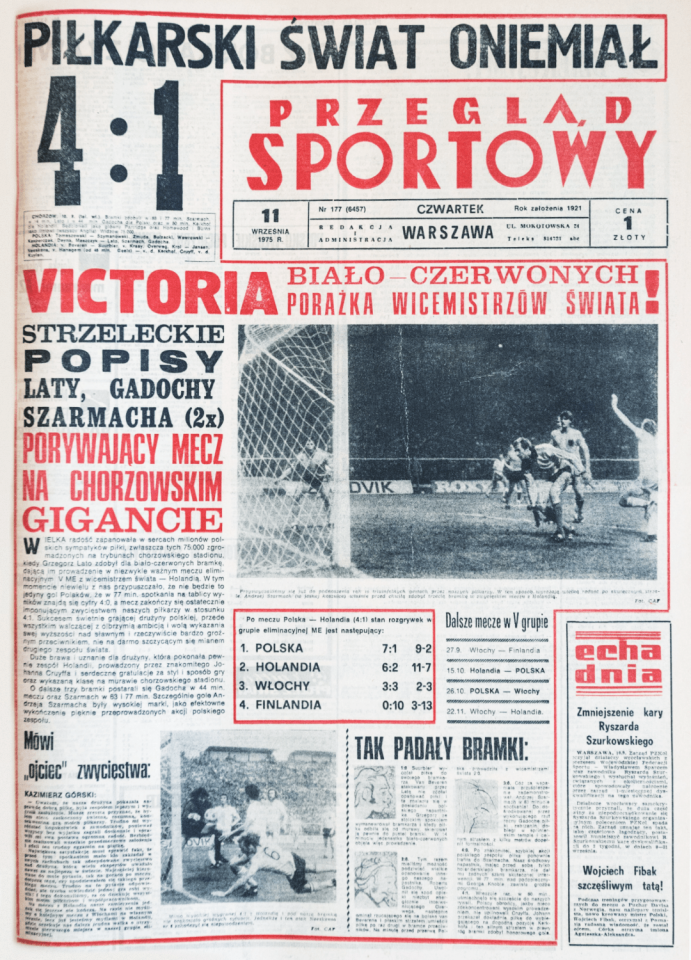 Pierwsza strona Przeglądu sportowego po meczu Polska - Holandia 4:1 z 1975 roku.