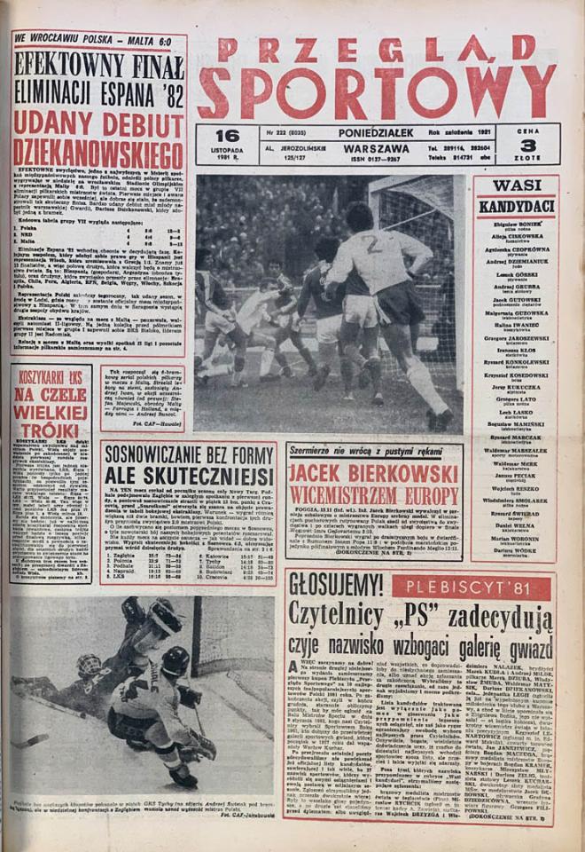 Okładka przeglądu sportowego po meczu Polska - Malta (15.11.1981)