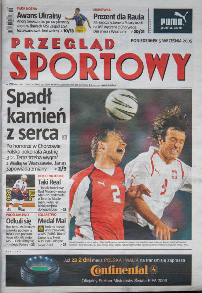 Okładka przeglądu sportowego po meczu Polska - Austria (03.09.2006)