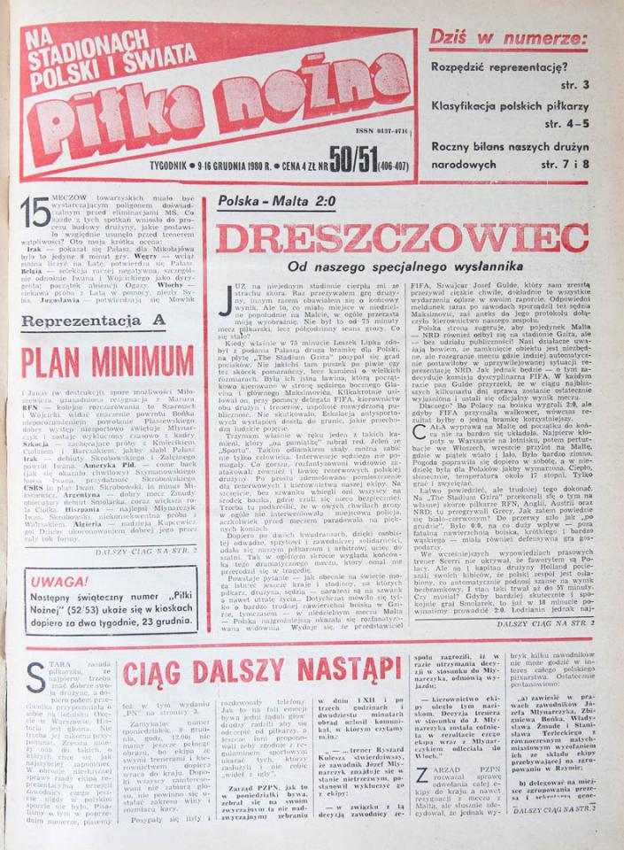 Okładka piłki nożnej po meczu Malta - Polska (07.12.1980)