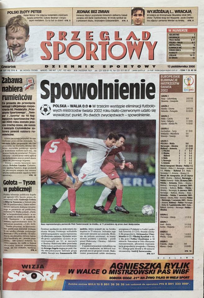 Okładka przeglądu sportowego po meczu Polska - Walia (11.10.2000)