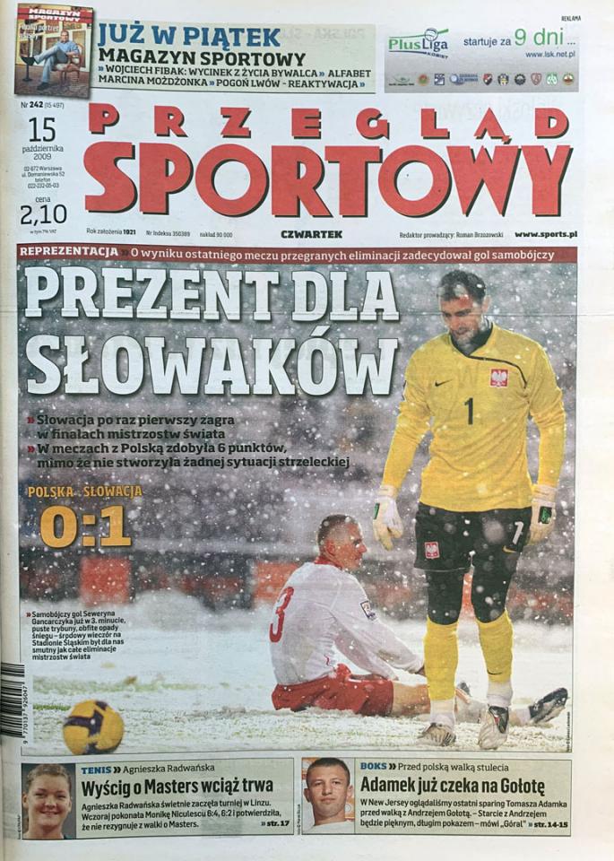 Okładka przeglądu sportowego po meczu Polska - Słowacja (14.10.2009)