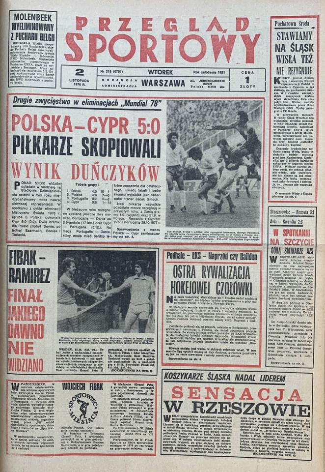 Okładka przeglądu sportowego po meczu Polska - Cypr (31.10.1976)