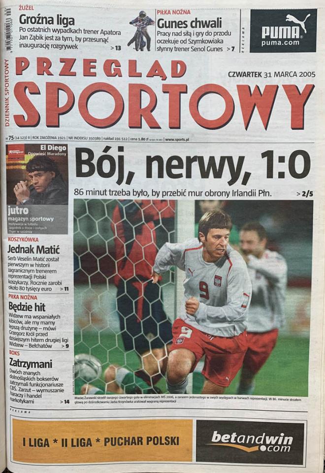 Okładka przeglądu sportowego po meczu Polska - Irlandia Północna (30.03.2005)
