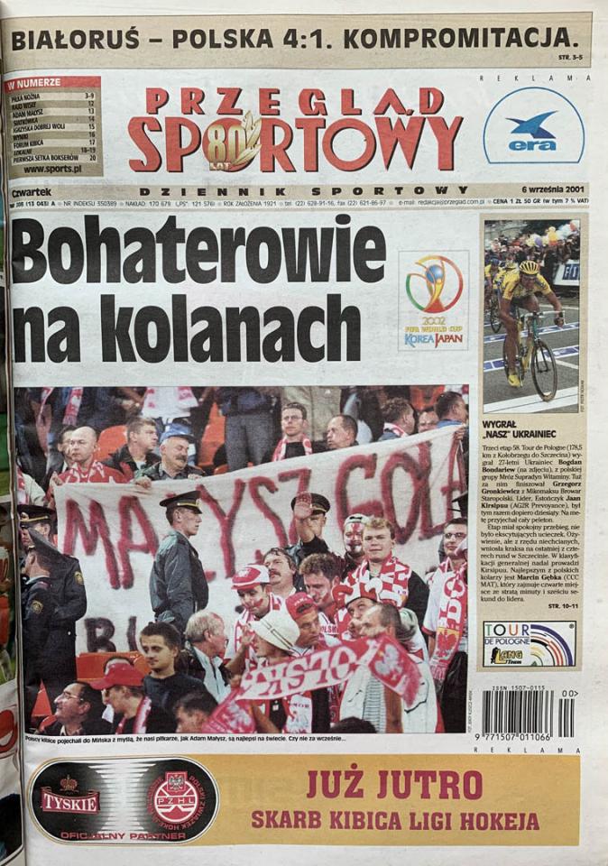 Okładka przeglądu sportowego po meczu Białoruś - Polska (5.09.2001)