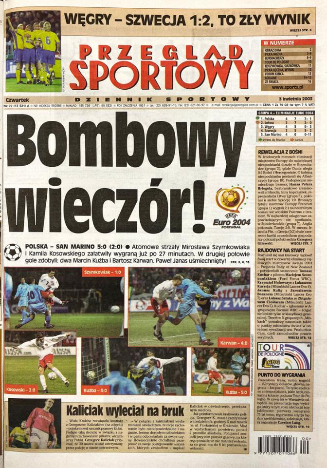 Okładka przeglądu sportowego po meczu Polska - San Marino (02.04.2003)