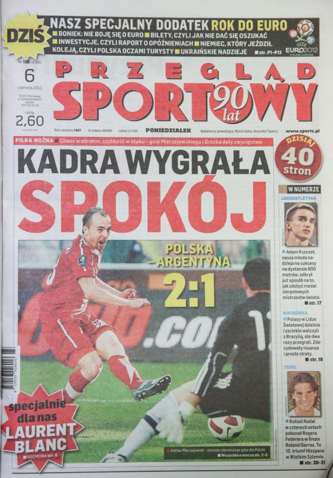 Okładka przeglądu sportowego po meczu Polska - Argentyna (05.06.2011)