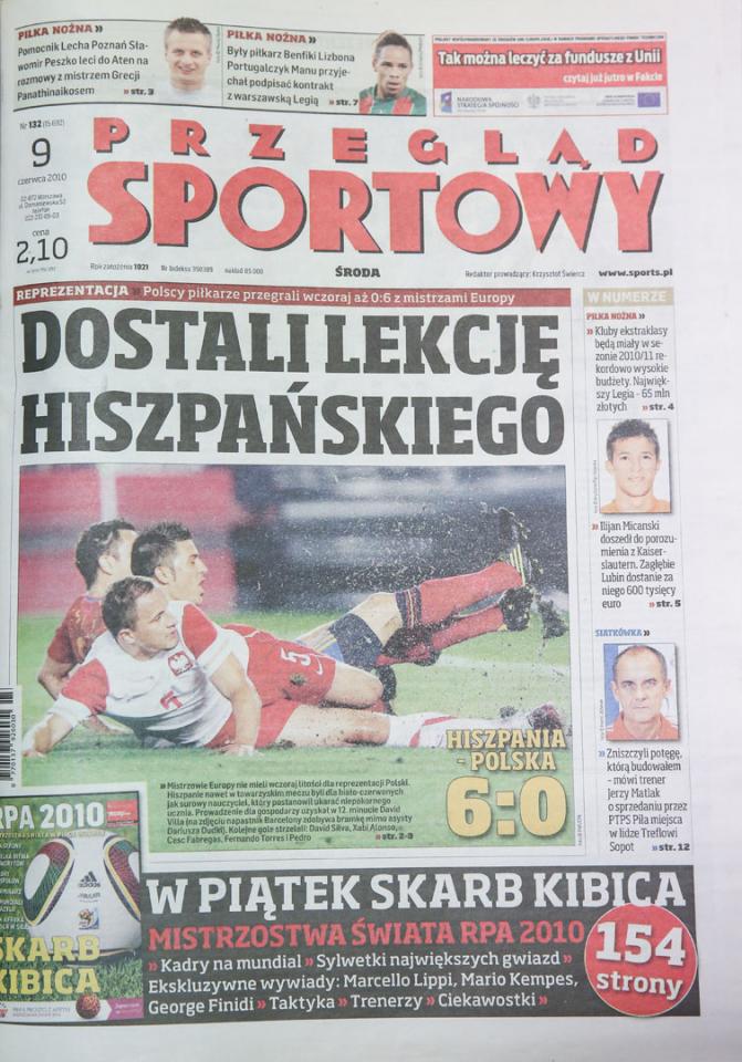 Okładka przegladu sportowego po meczu Hiszpania - Polska (08.06.2010)