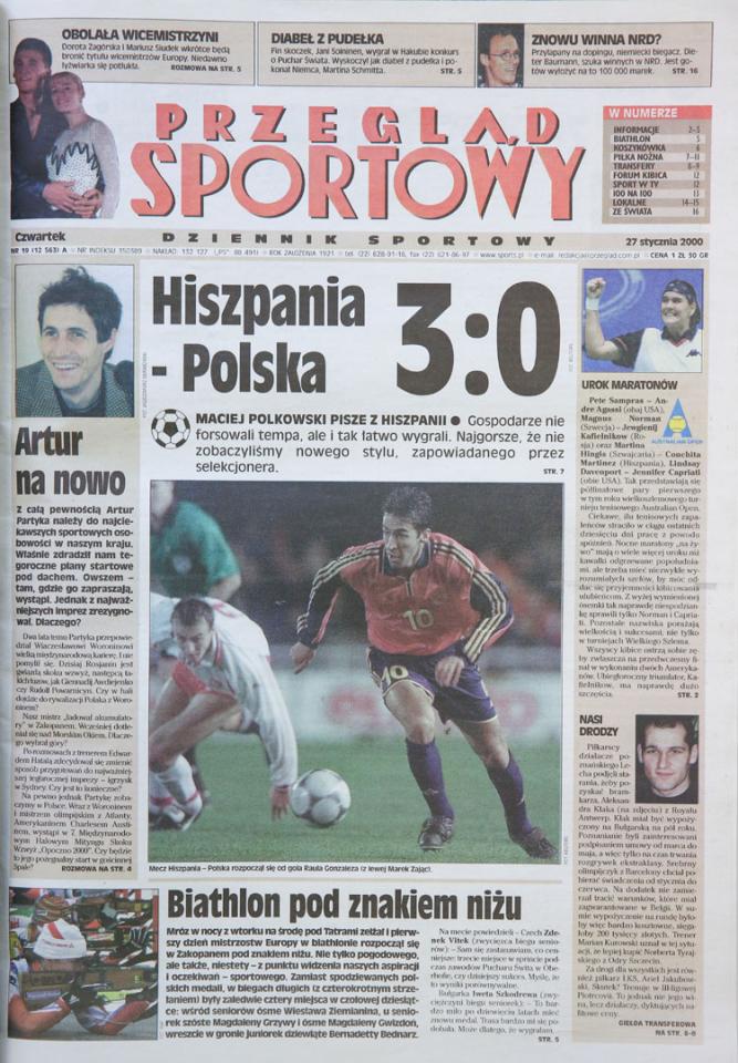Okładka przeglądu sportowego po meczu Hiszpania - Polska (26.01.2000)