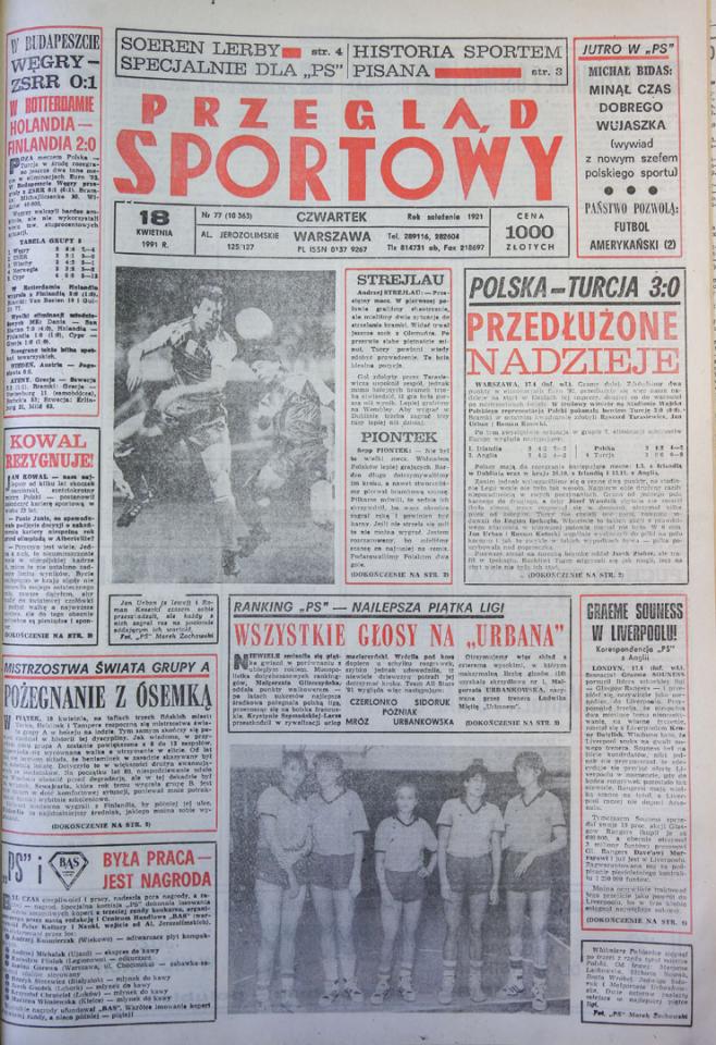 Okładka przeglądu sportowego po meczu Polska - Turcja (17.04.1991) 