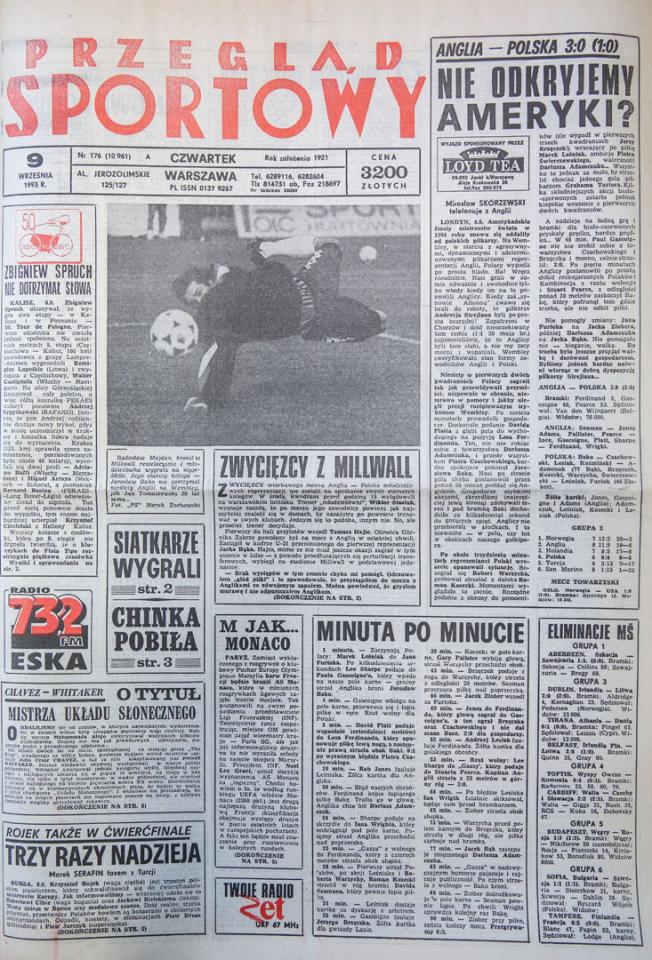 Okładka przegladu sportowego po meczu Anglia - Polska (08.09.1993) 
