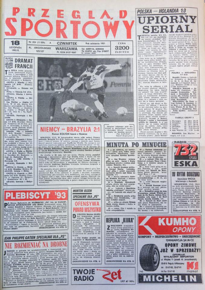 Okładka przeglądu sportowego po meczu Polska - Holandia (17.11.1993) 
