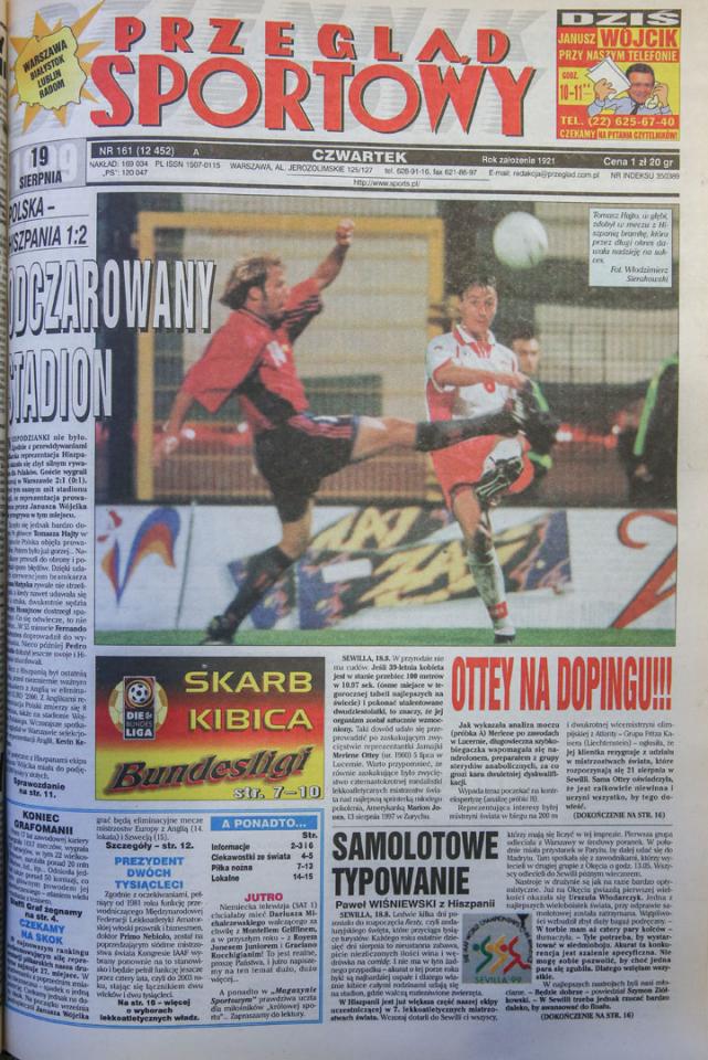 Okładka przegladu sportowego po meczu Polska - Hiszpania (18.08.1999) 