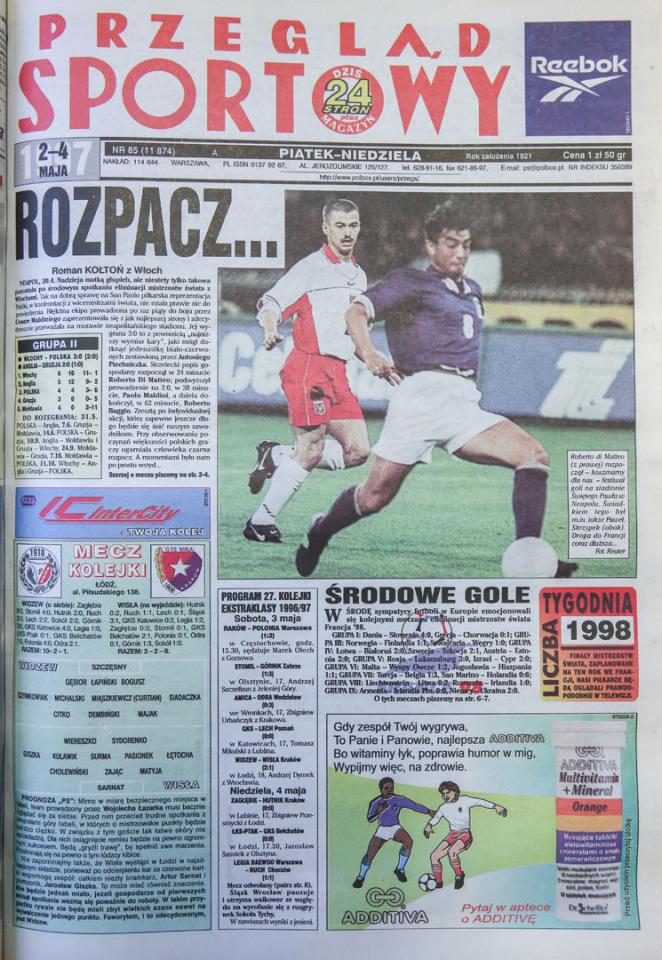Okładka przegladu sportowego po meczu włochy - polska (30.04.1997) 