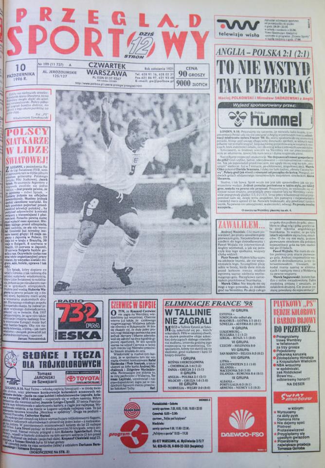 Okładka przegladu sportowego po meczu Anglia - Polska (09.10.1996) 