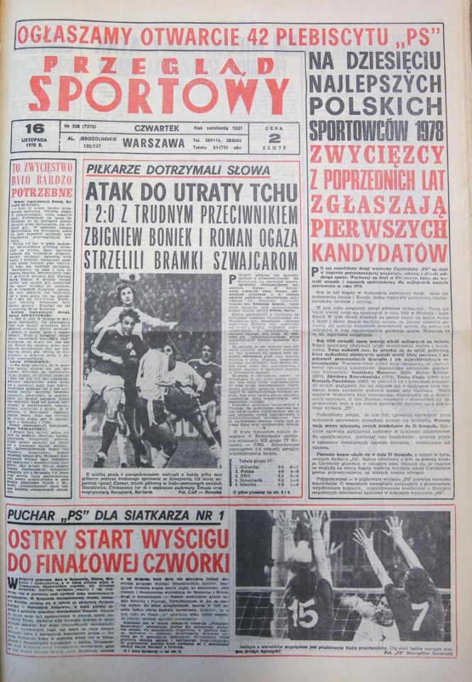 Okładka przegladu sportowego po meczu polska - szwajcaria (15.11.1978)