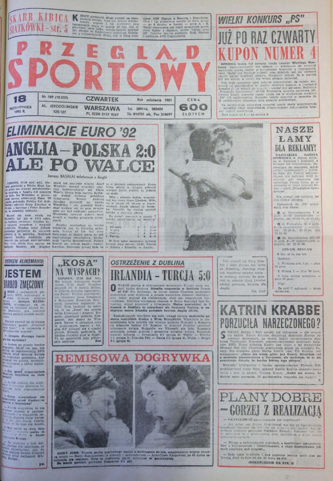 Okładka przegladu sportowego po meczu anglia - polska (17.10.1990) 