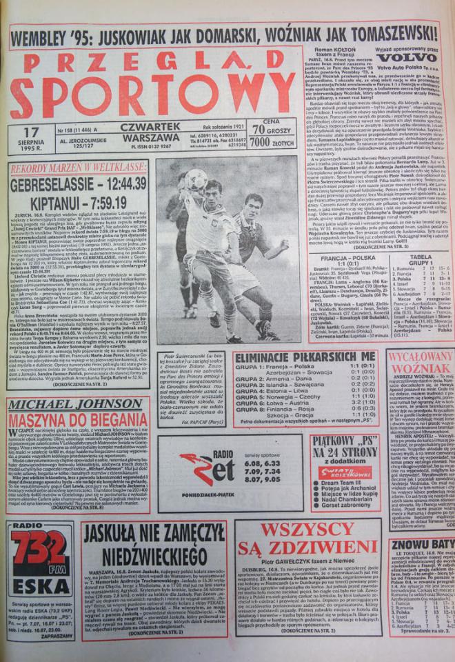 Okładka przegladu sportowego po meczu francja - polska (16.08.1995) 