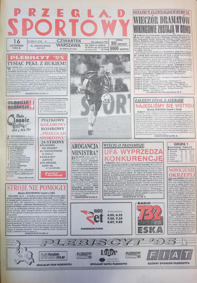 Okładka przegladu sportowego po meczu Azerbejdżan - Polska (15.11.1995) 