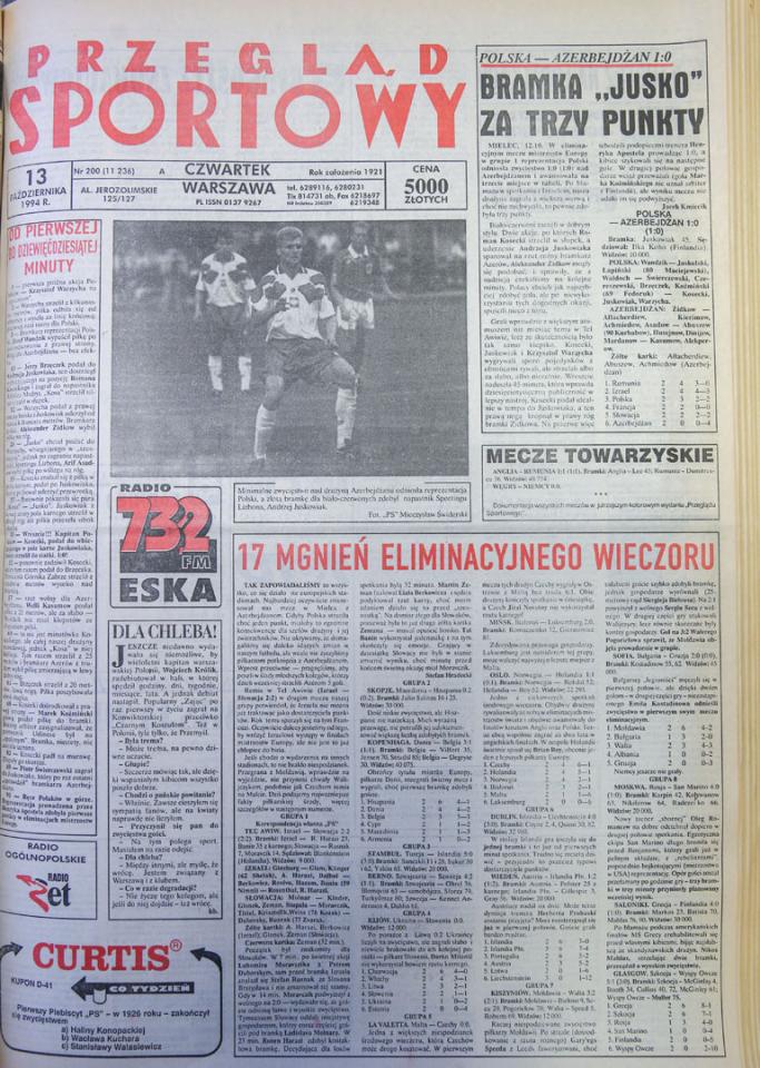 Okładka przegladu sportowego po meczu Polska - Azerbejdżan (12.10.1994) 