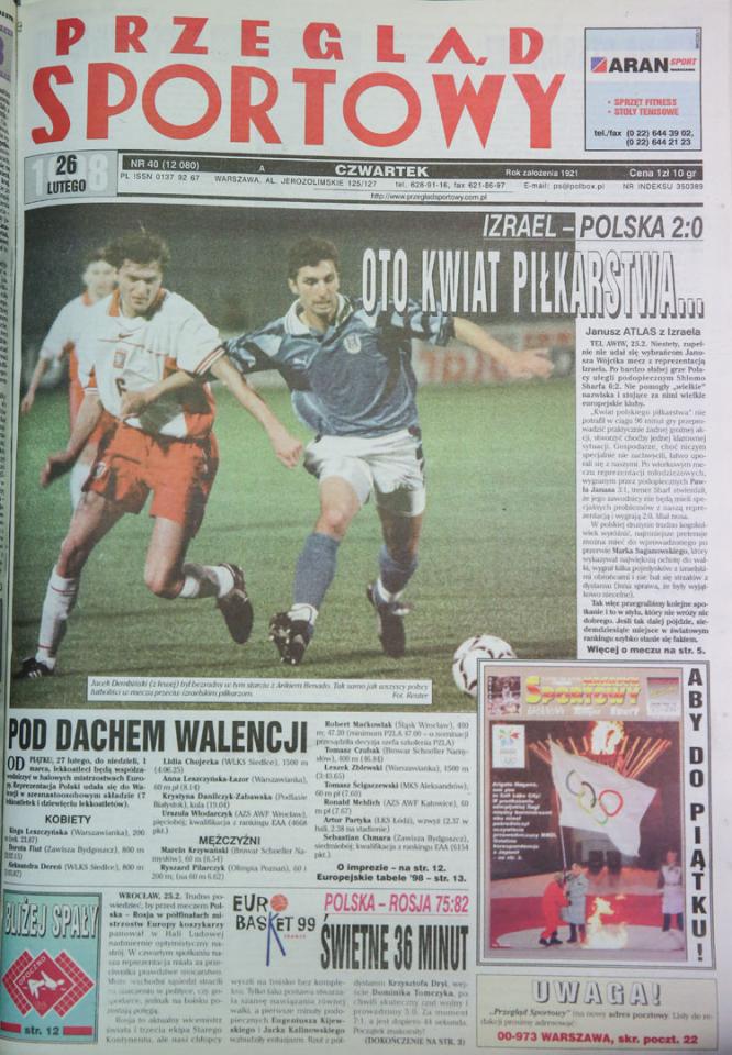 Okładka przegladu sportowego po meczu Izrael - Polska (25.02.1998) 