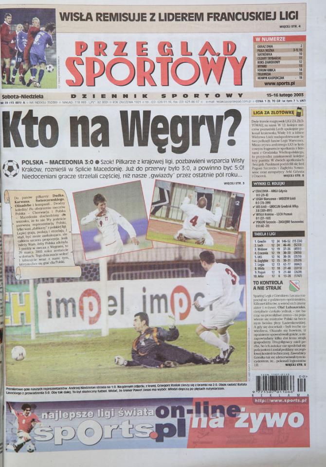 Okładka przegladu sportowego po meczu Polska - Macedonia (14.02.2003) 