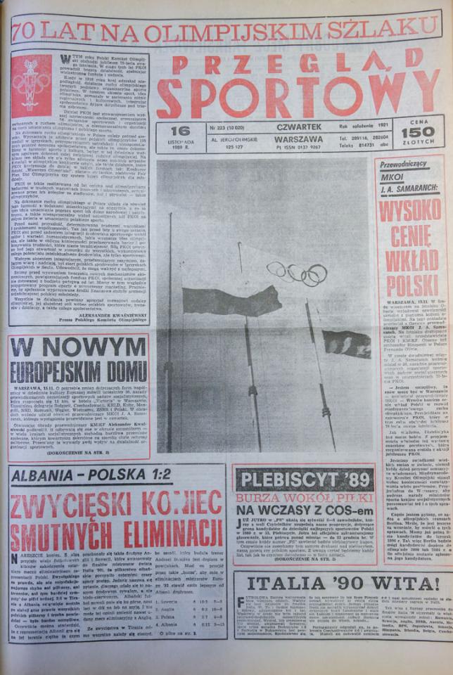 Okładka przegladu sportowego po meczu albania - polska (15.11.1989) 