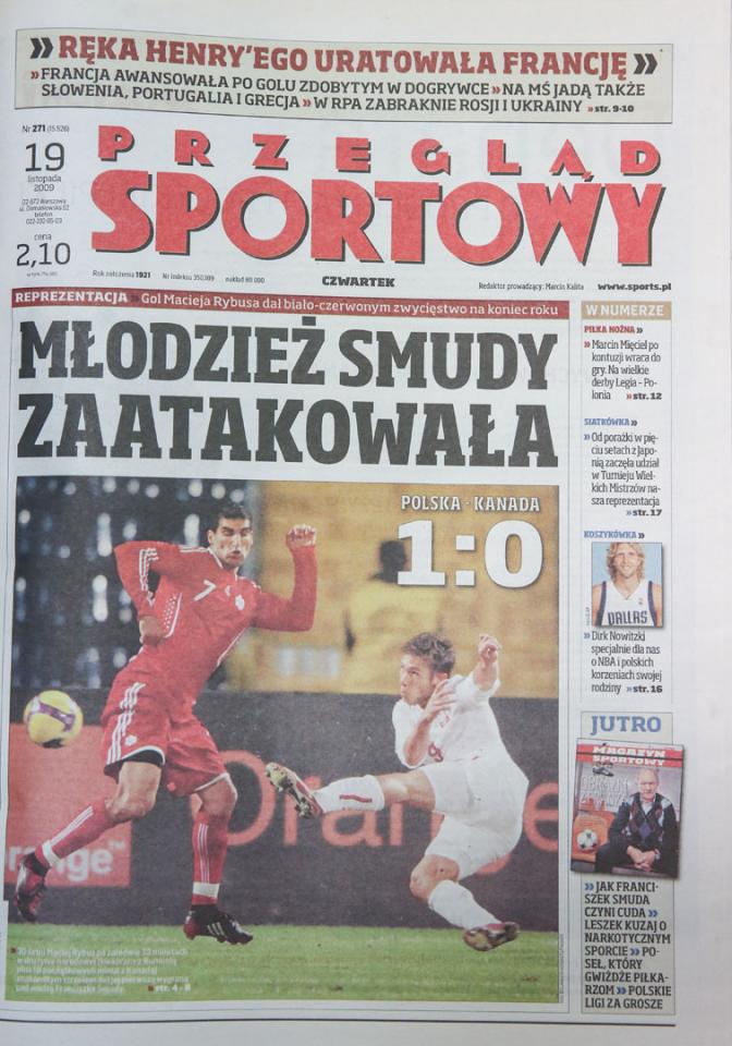 Okładka przeglądu sportowego po meczu Polska - Kanada (18.11.2009) 