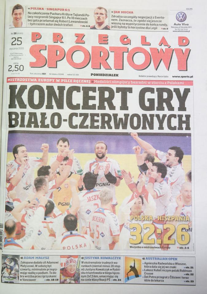 Okładka przegladu sportowego po meczu Polska - Singapur (23.01.2010) 