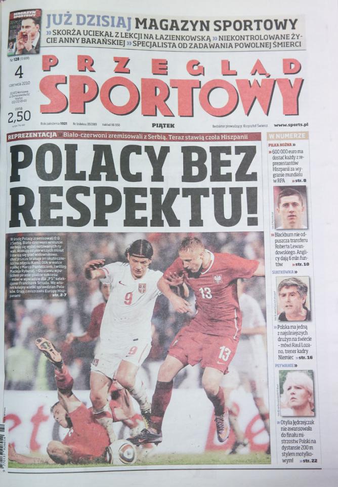 Okładka przeglądu sportowego po meczu Polska - Serbia (02.06.2010) 