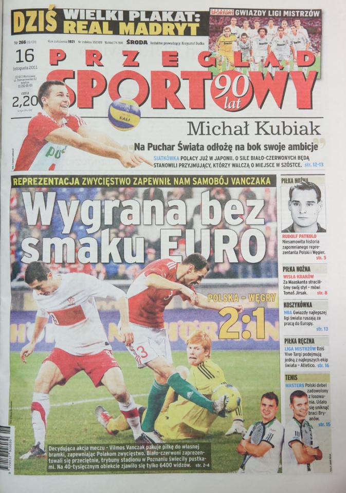Okładka przegladu sportowego po meczu Polska - Węgry (15.11.2011) 