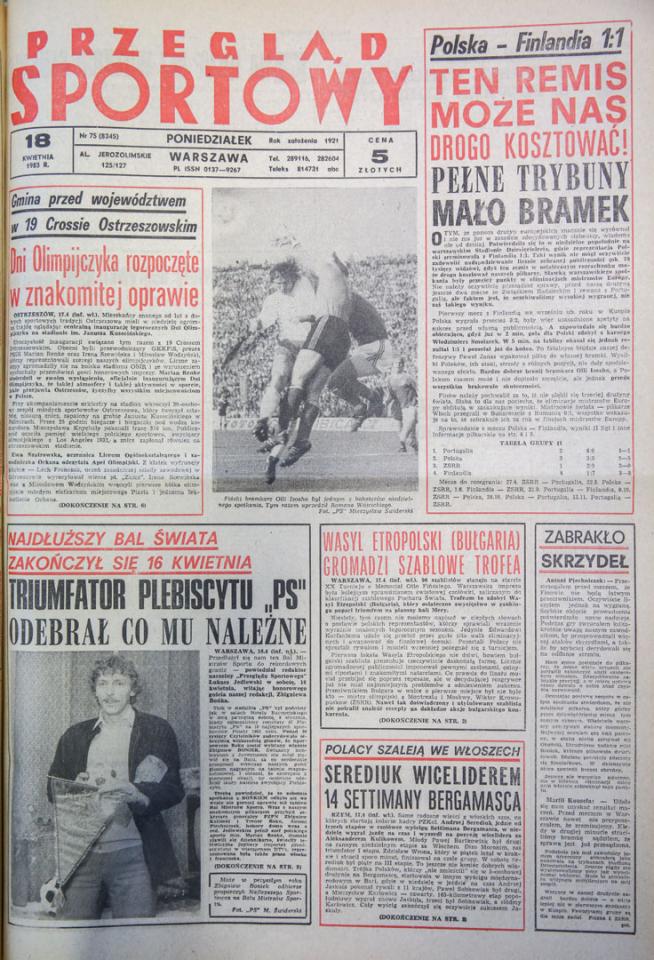 Okładka Przeglądu Sportowego po meczu Polska - Finlandia 1:1 (17.04.1983)