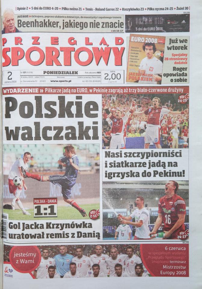Okładka przeglądu sportowego po meczu Polska - Dania (01.06.2008) 