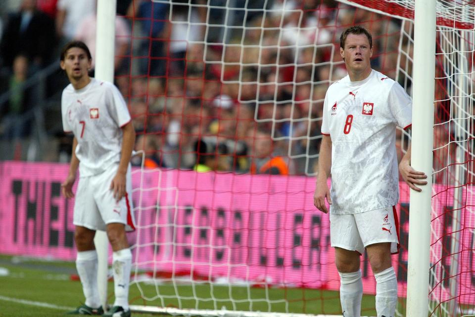 Euzebiusz Smolarek i Jacek Krzynówek podczas meczu Dania - Polska 2:0 (16.08.2006).