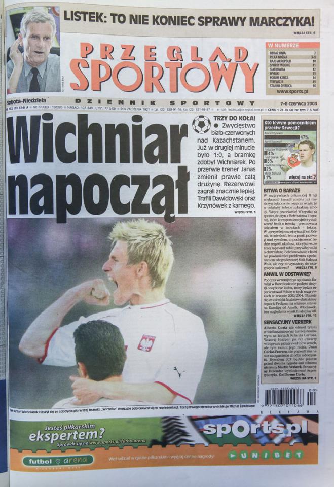 Okładka przeglądu sportowego po meczu polska - kazachstan (6.06.2003) 