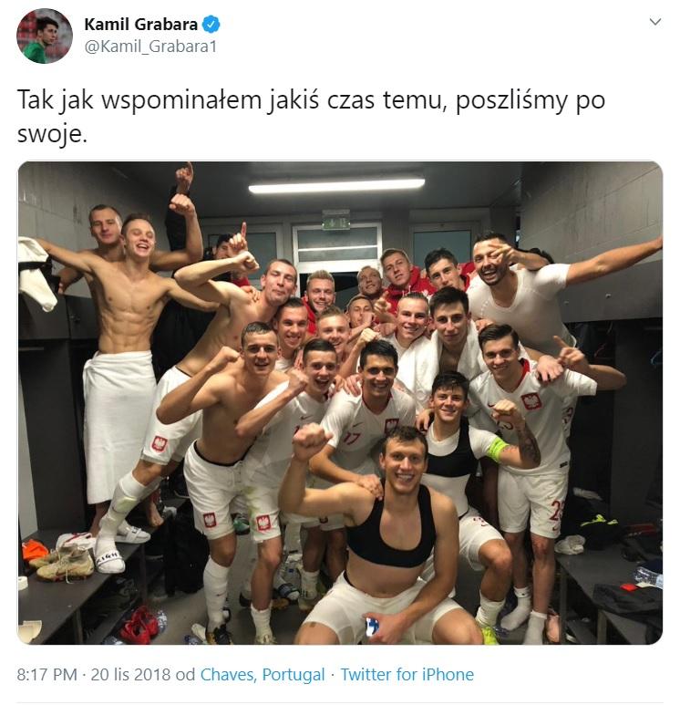 Wpis na Twitterze Kamila Grabary po meczu Portugalia U21 - Polska U21 w rewanżowym meczu barażowym o Euro 2019.