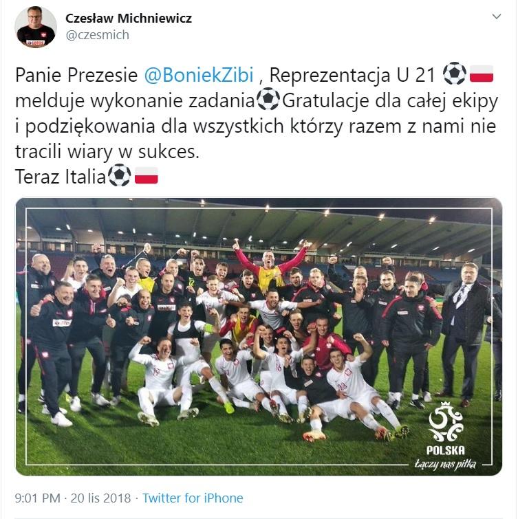 Wpis Czesława Michniewicza na Twitterze po meczu Portugalia U21 - Polska U21 1:3 w rewanżowym meczu barażowym o Euro 2019.