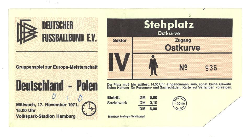 Oryginalny bilet z meczu RFN - Polska (17.11.1971)