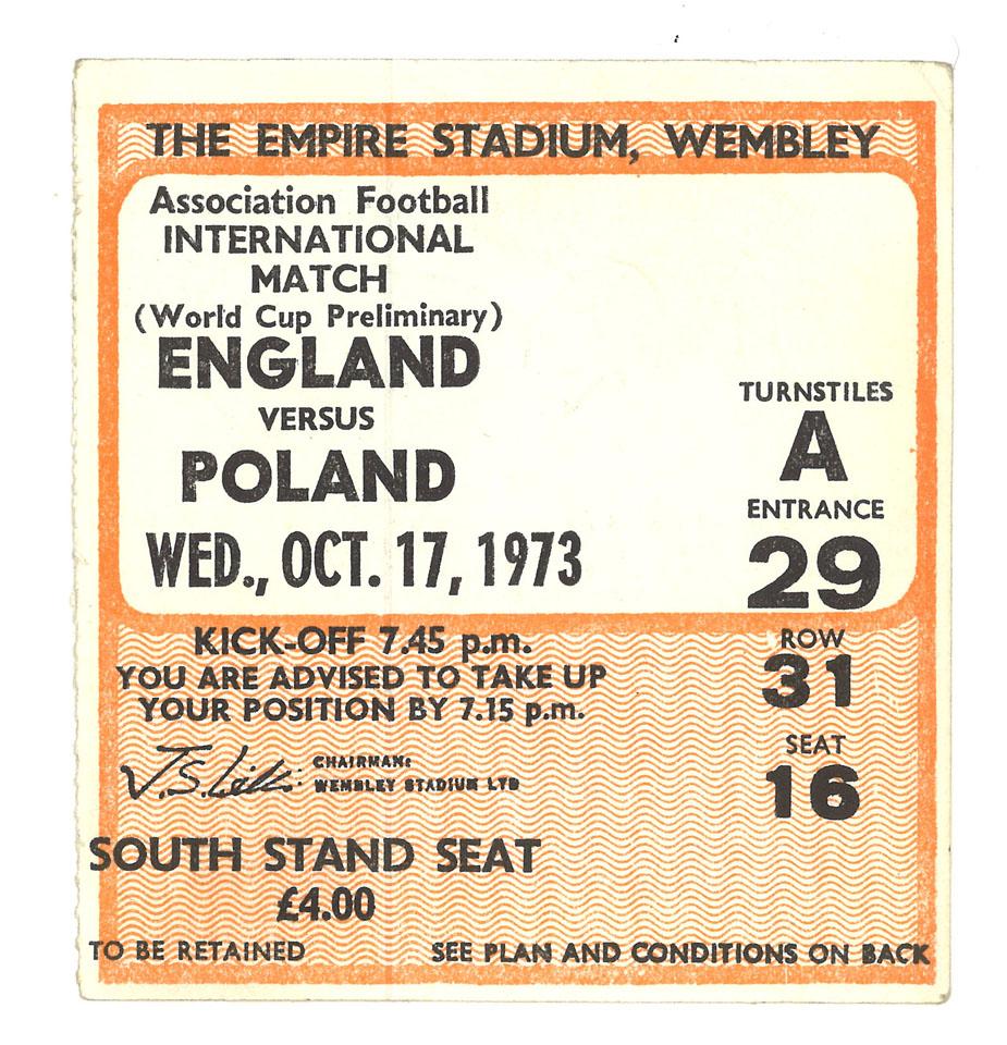Oryginalny bilet z meczu Anglia - Polska (17.10.1973) 