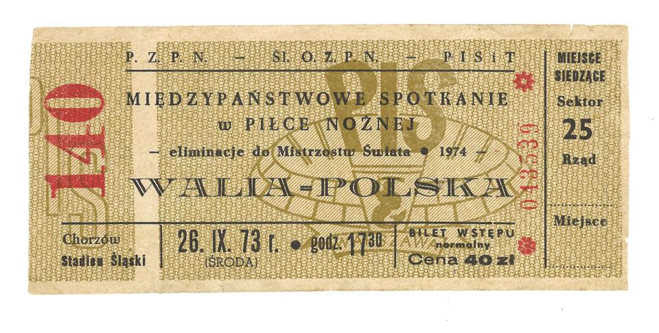 Oryginalny bilet z meczu Polska - Walia (26.09.1973) 