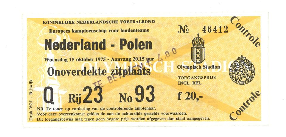 Oryginalny bilet z meczu Holandia - Polska (15.10.1975) 