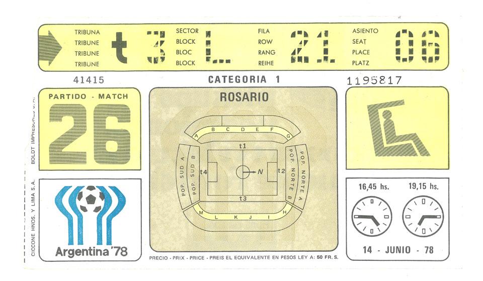 Oryginalny bilet z meczu Argentyna - Polska (14.06.1978)