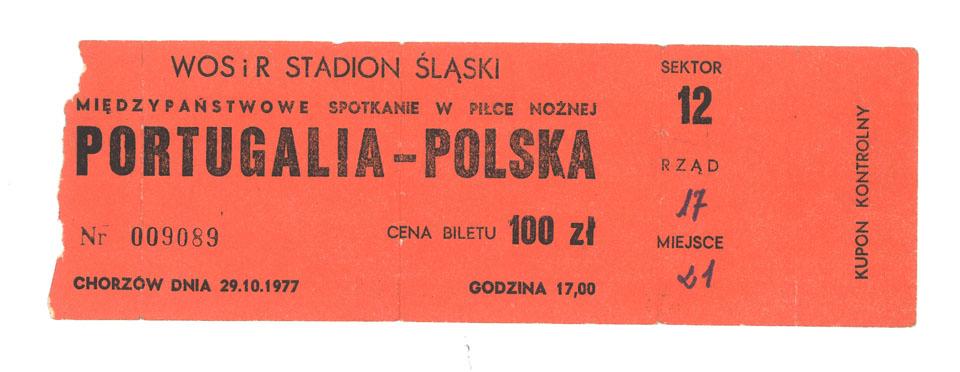 Oryginalny bilet z meczu Polska - Portugalia (29.10.1977) 