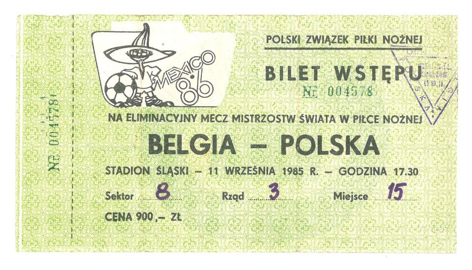 Oryginalny bilet z meczu Polska - Belgia (11.09.1985) 