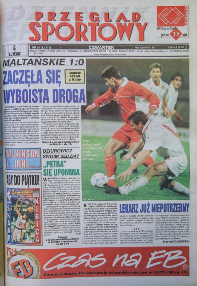 Okładka przeglądu sportowego po meczu malta - polska (03.02.1999)