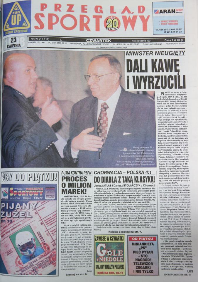 Okładka przeglądu sportowego po meczu chorwacja - polska (22.04.1998) 