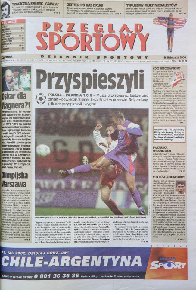 Okładka przeglądu sportowego po meczu polska - islandia (15.11.2000)