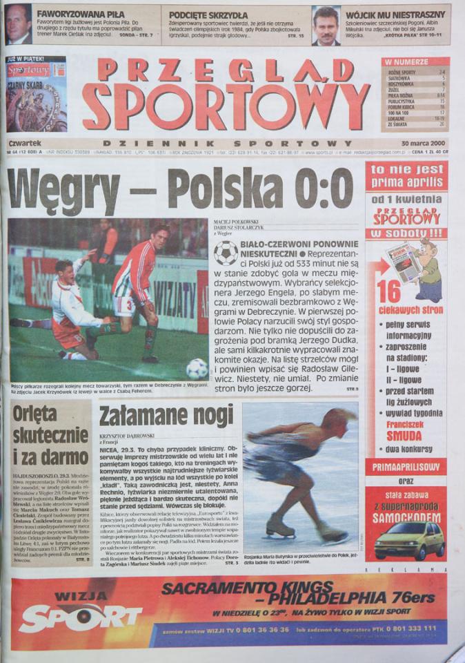 Okładka przeglądu sportowego po meczu węgry - polska (29.03.2000)