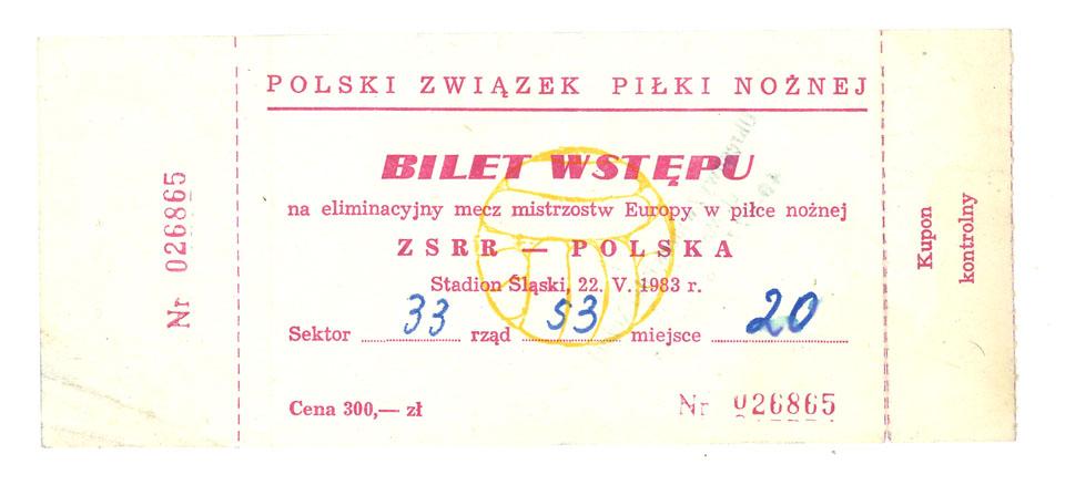 Oryginalny bilet z meczu Polska - ZSRR (22.05.1983)