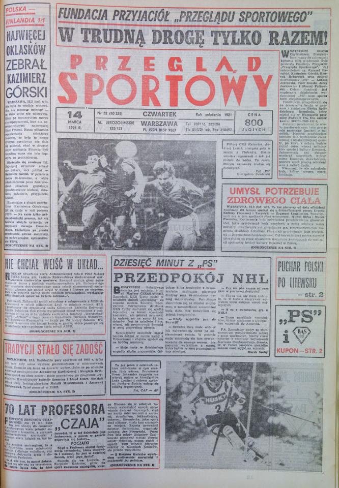 Okładka przeglądu sportowego po meczu polska - finlandia (13.03.1991) 